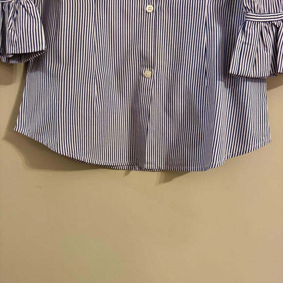 NWT Gretchen Scott Priss Brooks Navy & White Striped Ruffle Cuff Blouse – Medium - Picture 5 of 5